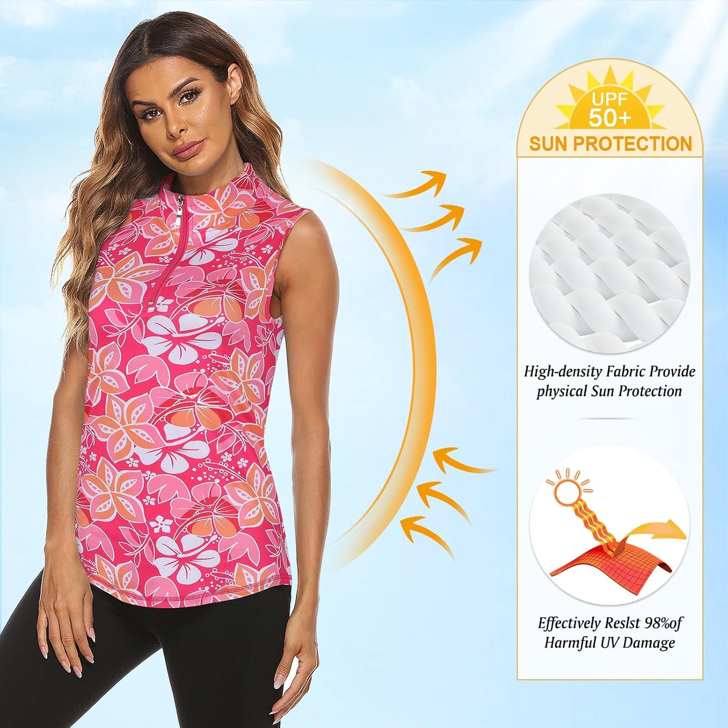 Koscacy Women's Sleeveless Golf Tennis Polo Shirts Zip Up Dry Fit Workout Tank Tops Athletic Shirt