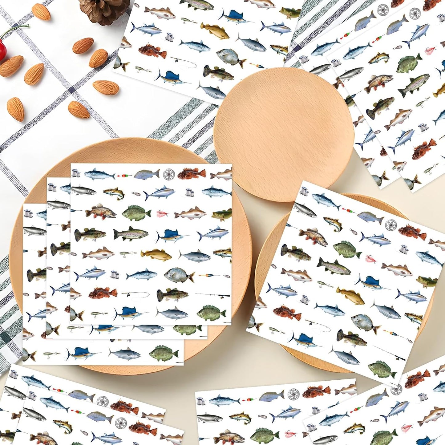 Gone Fishing Party Decorations, Disposable Paper Fish Napkins Supplies Pack of 50, Fishing Birthday Baby Shower Decor Size 6.5 Inch