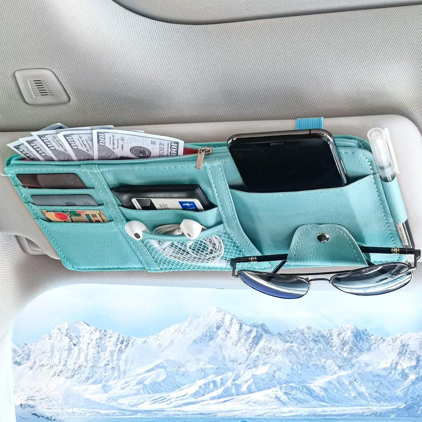 Keedolla Blue Car Sun Visor Organizer, Auto Car Sun Visor Gift Card Holder Storage Organizer Travel Document Holder with Zipper Pocket for Sedan, Trucks, SUV