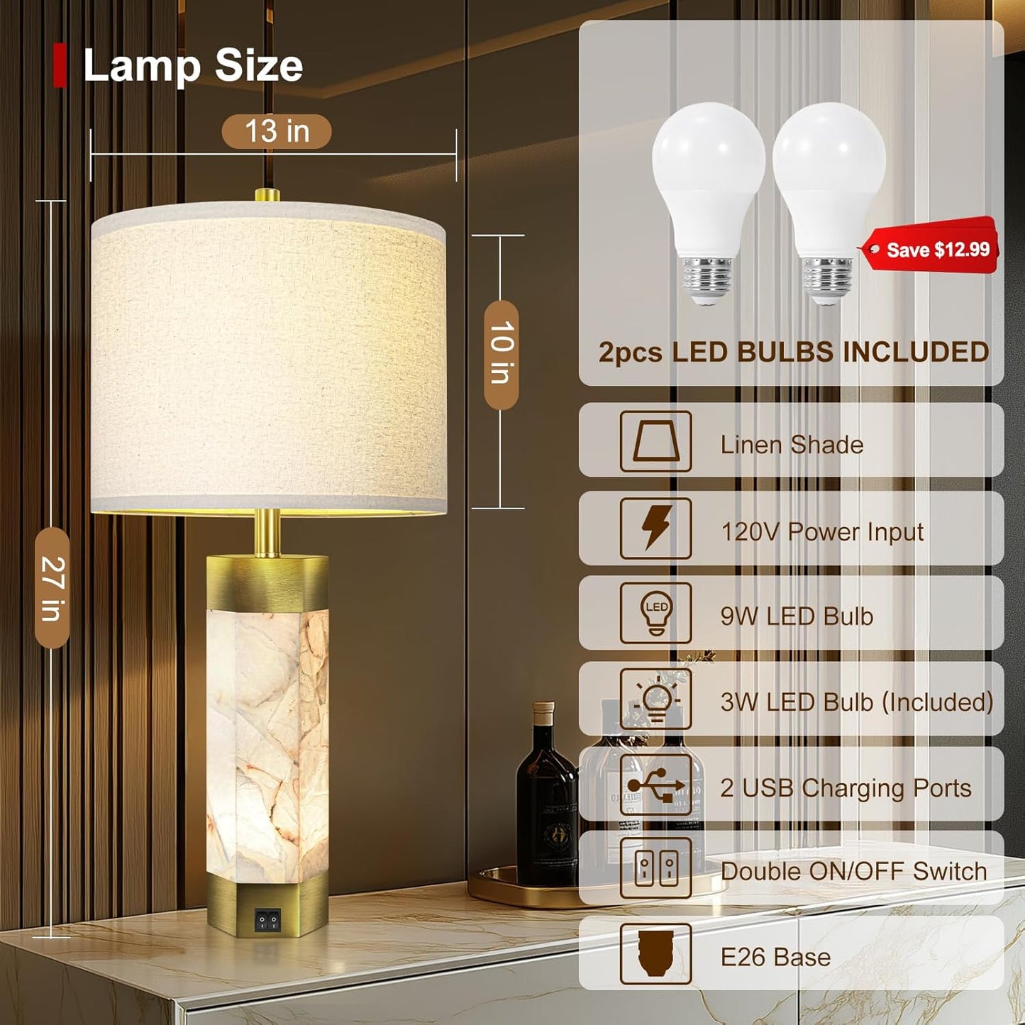 Natural Alabaster Table Lamps Set of 2,Table Lamp with Night Light for Living Room,Nightstand Lamp with USB Ports,Bedside Lamp with Linen Fabric Shade for Bedroom,Living Room,Office,Bar(Bulb Included)