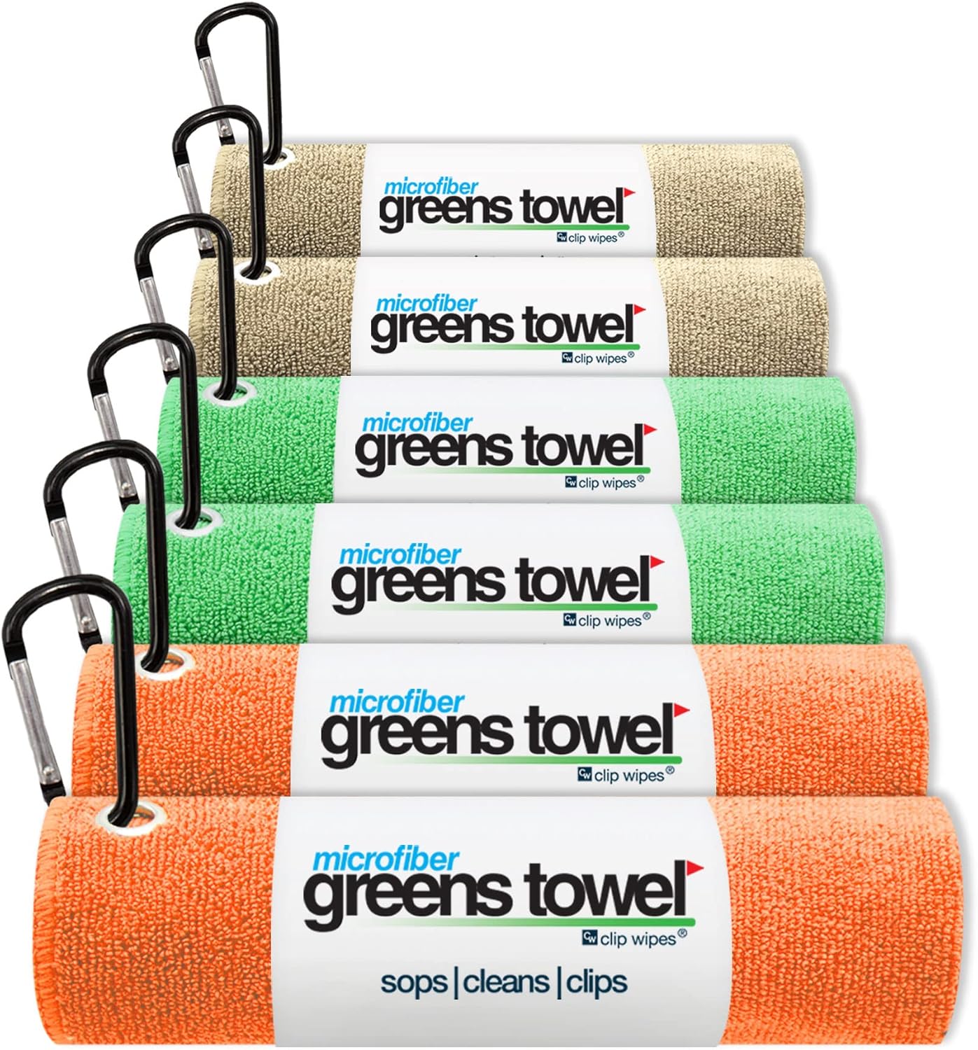6 Pack Golf Towels with Clip for Golf Bags, Plush Microfiber nap Fabric, 16x16, The Original Multi-Color Pack (Orange-Shamrock-Sand)