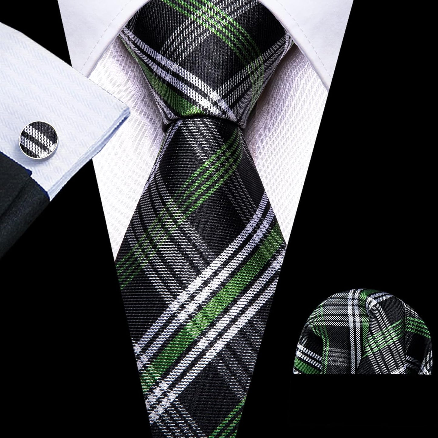 Barry.Wang Designer Classic Ties for Men Set Formal Pocket Square Cufflink Check Plaid
