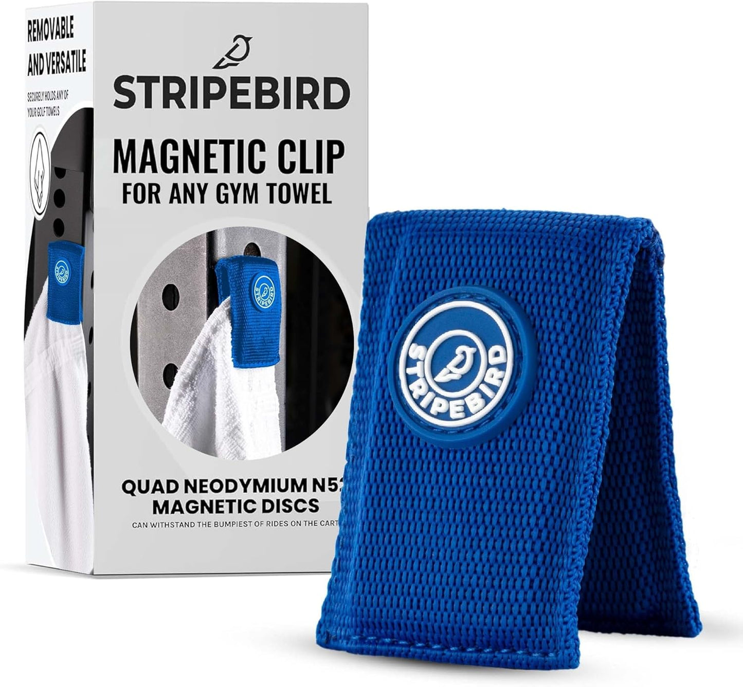 Stripebird - Magnetic Clip for Any Workout Towel (Blue) - Highest Strength Magnet for Gym Towel - Removable from Towels - Magnetic Fitness Towels for Men