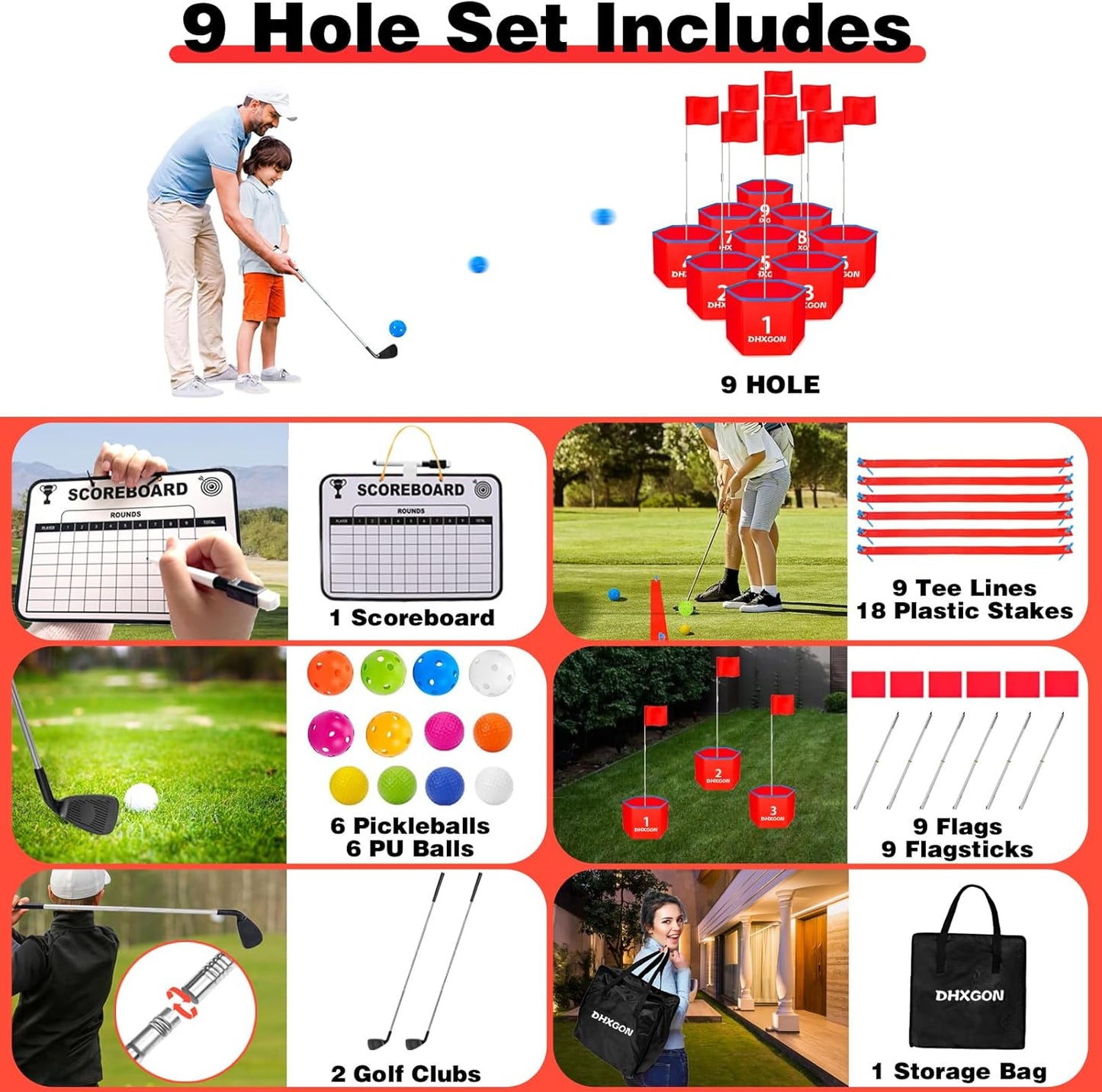 Backyard Golf Game with 2 Clubs, Portable 9 Hole Golf Course, Outdoor Yard Golf Chipping Game for Family and Adults, Beach, Park, Lawn, Field Day Reunion Party Games