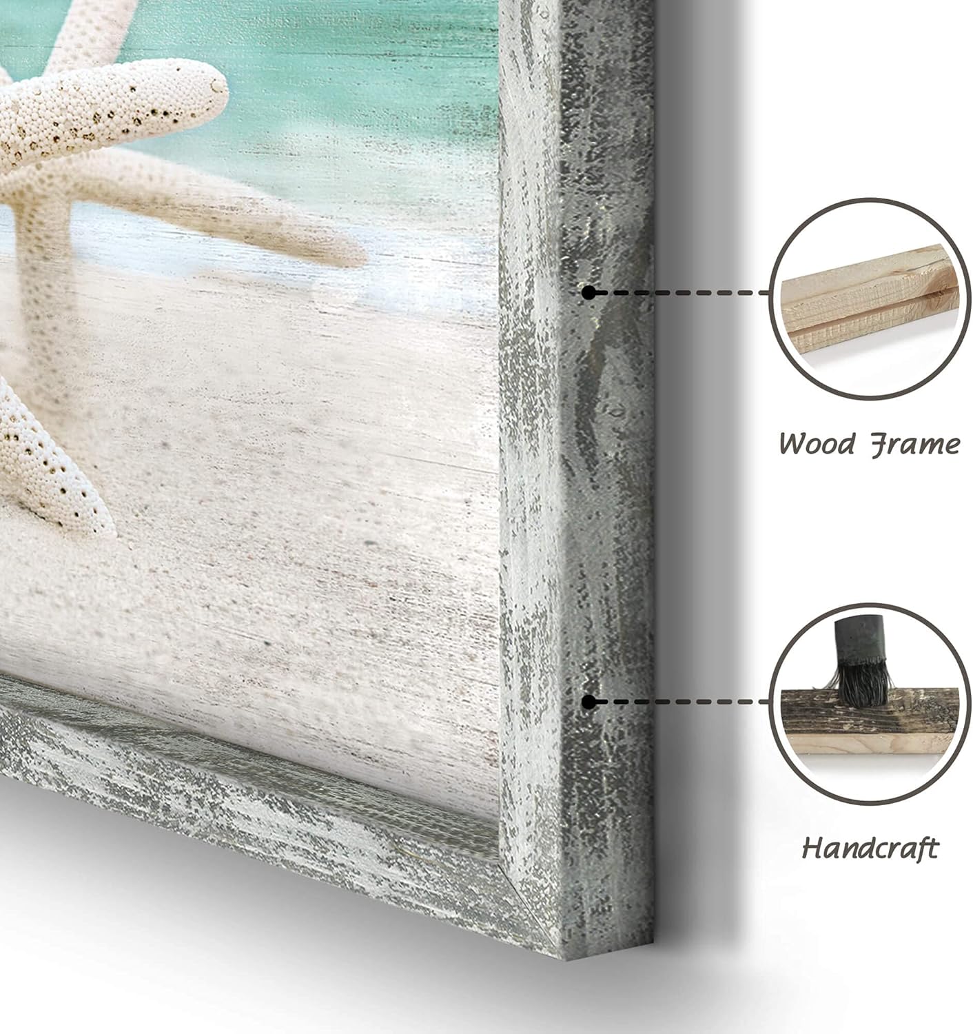 Beach Framed Wooden Wall Art: Ocean Artwork Set of 4 Starfish Seashell & Sand Dollar Pictures Prints Seascape Wall Decor for Bedroom