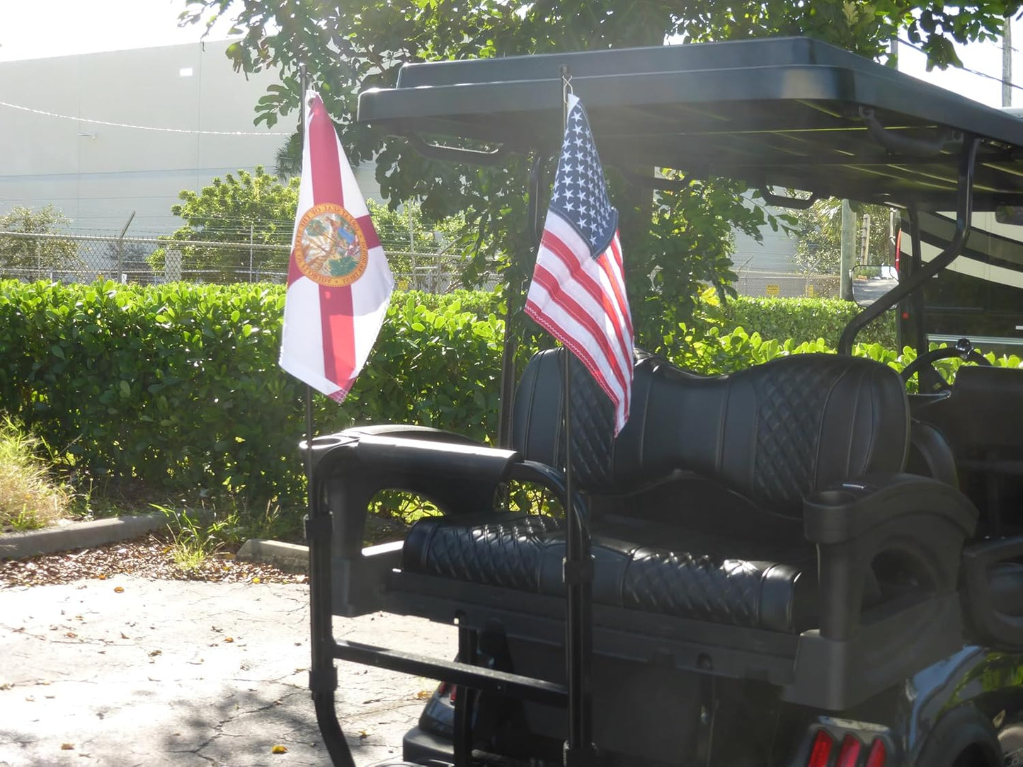 Flagpole for golf carts, For use on rear passenger safety bar or arm rests, No tools required for quick and easy installation on your golf cart. (Golf Cart Flagpole with 12x18" USA Flag)