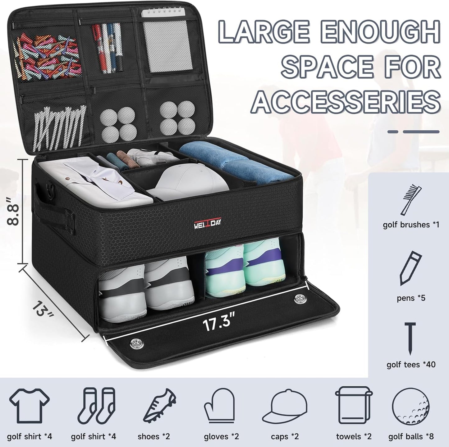 ANILD Golf Trunk Organizer, 2 Layer Golf Storage Case with Separate Ventilated Compartment for 2 Pair Shoes, for Balls, Tees, Clothes, Gloves, Accessories, Golfer Gifts