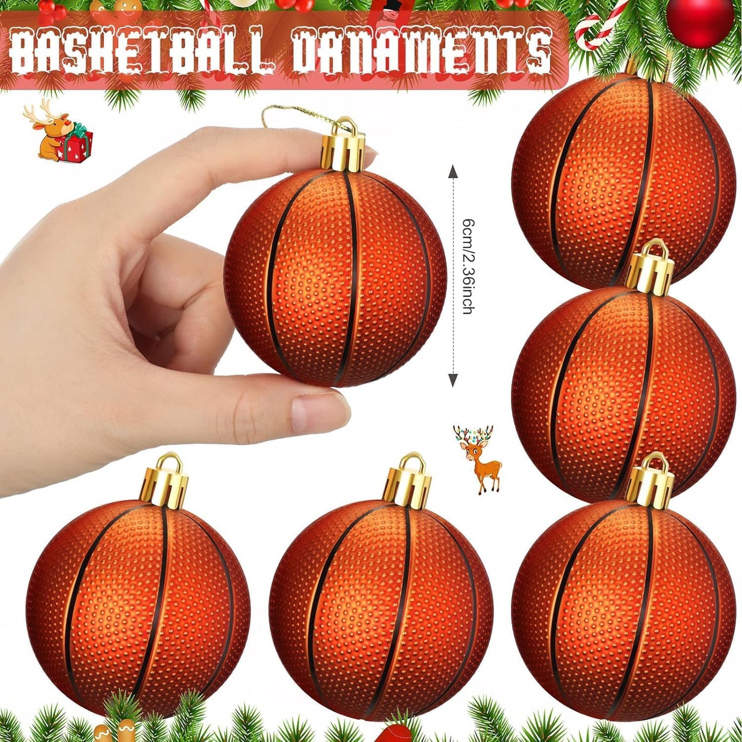 Leitee 12 Pcs Christmas Plastic Basketball 2.36 Inch Xmas Tree Ornaments with Hanging Loop Sports Theme Decorative Hanging Ornaments for Holiday Party Christmas Tree Home
