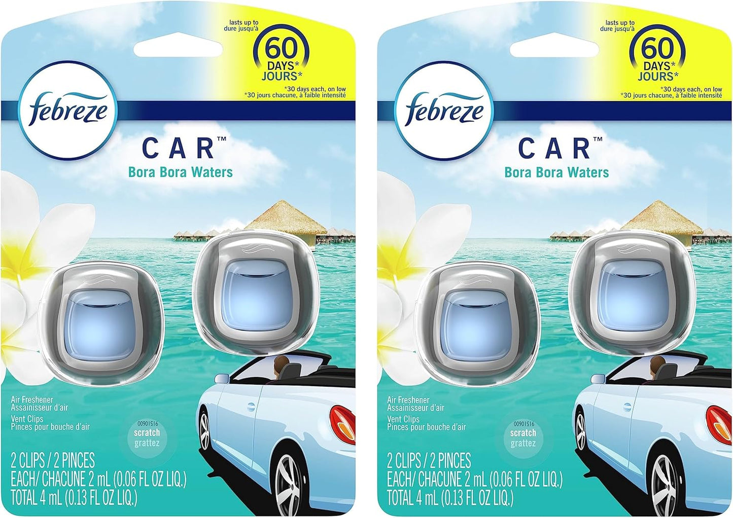 Febreze Car Odor Eliminating Freshener Vent Clip, Bora Bora Waters, 2 count (Pack of 2), White