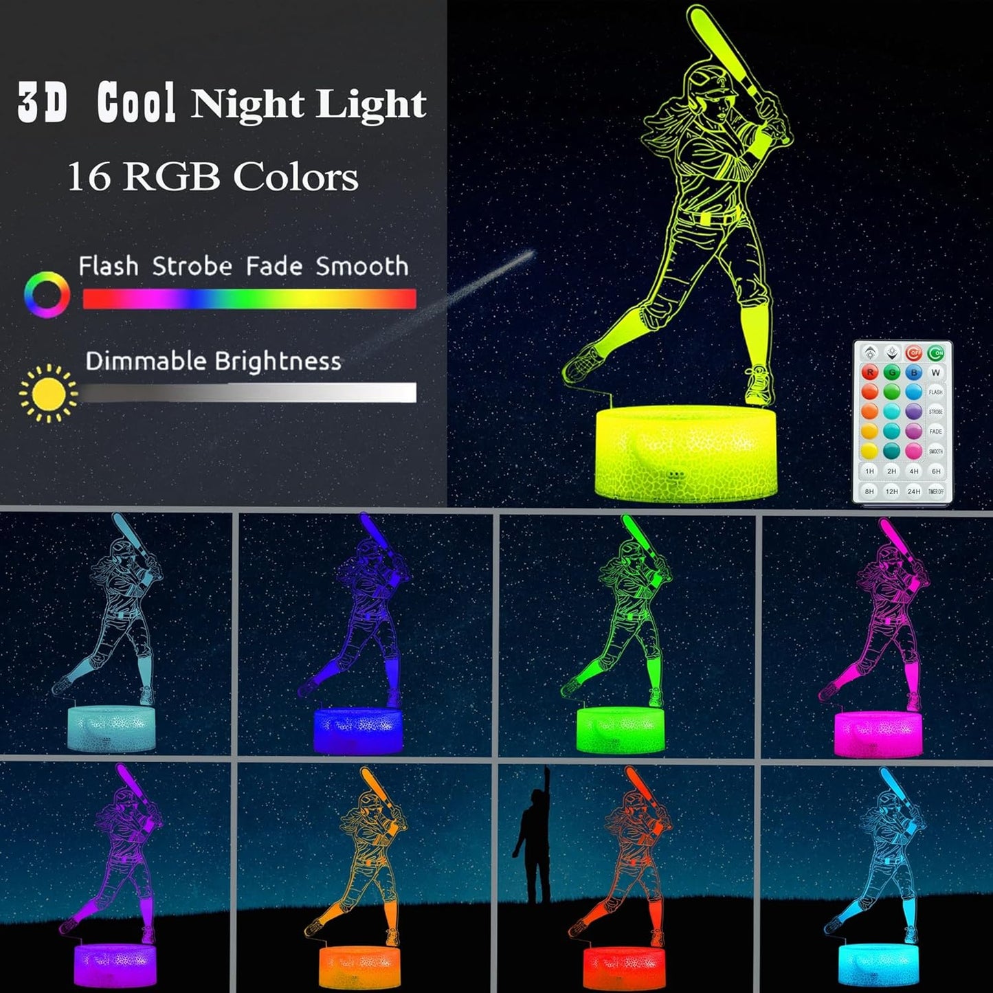 Baseball Gifts for Girls, Baseball Night Light, 3D Illusion Lamp with 16 Colors Changing, Timer, 4 Flash Modes and Dimmable, Accessories Stuff for Room Decoration, Kids Girls Holiday Xmas Gifts