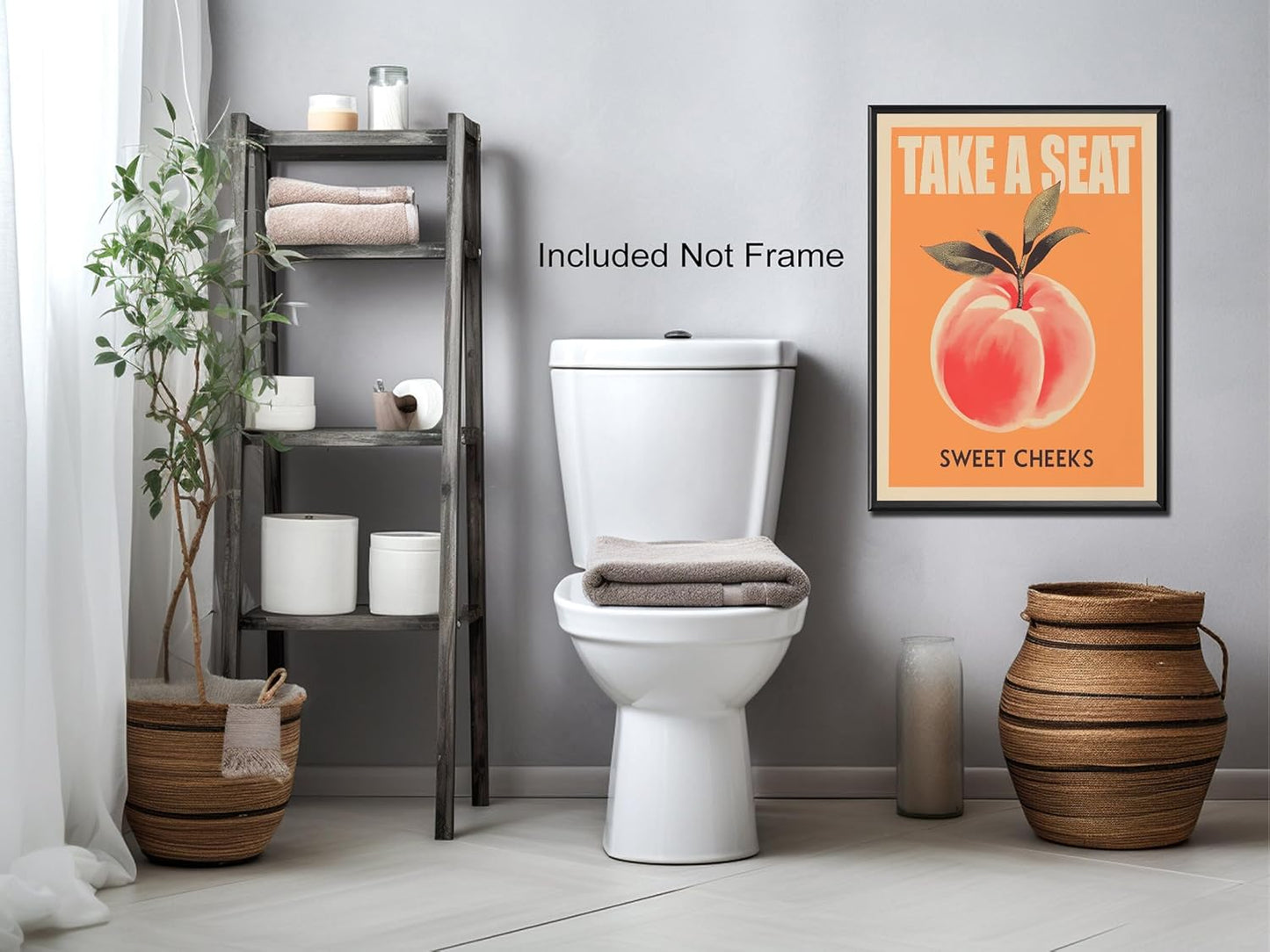 Take a Seat Sweet Cheeks Poster, Funny Bathroom Wall Art Peach Bum Art Canvas Print, Minimalist Preppy Orange Pink Wall Decor for Dorm Toilet 20x30in Unframed