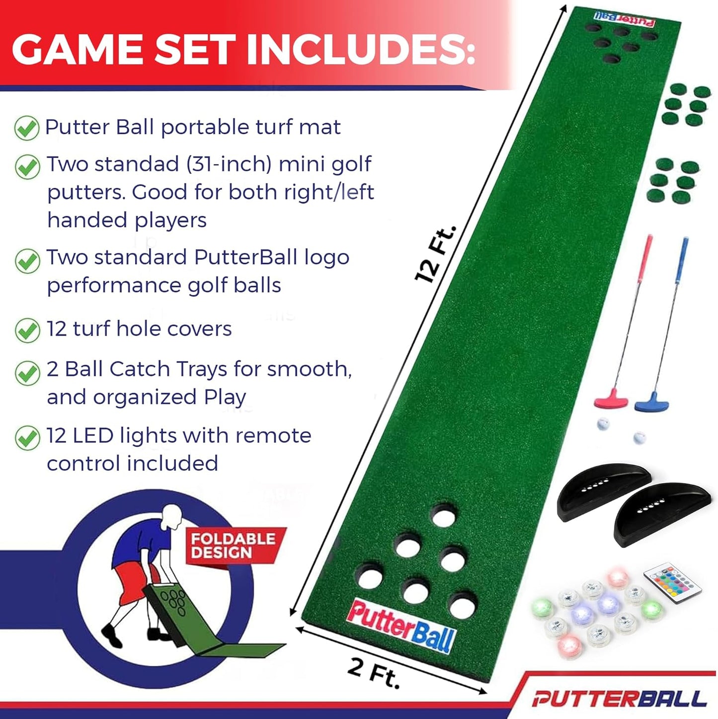 PutterBall Original Golf Putting Game Set – Backyard 12 ft Putting Green Pong Style Golf Mat with 2 Putters, 2 Balls & Hole Covers (PutterBall Original)