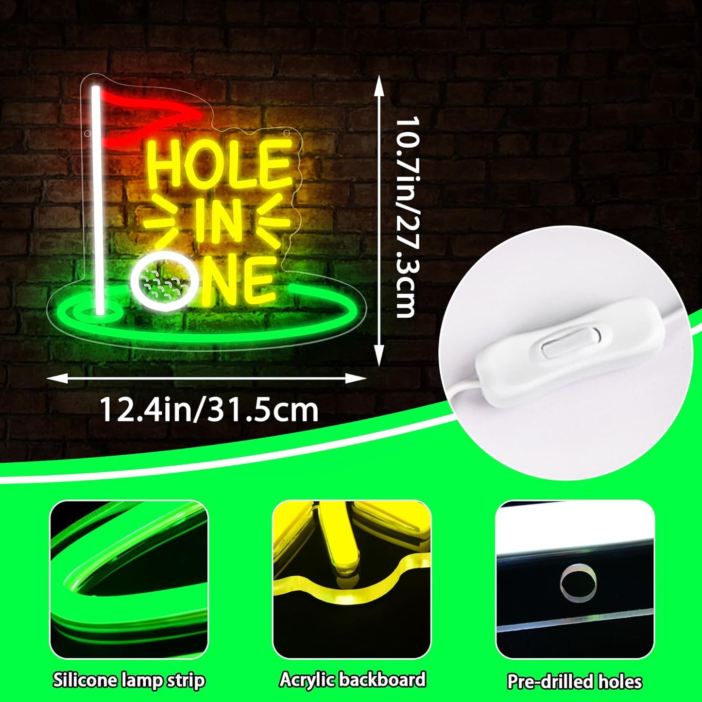 Golf Neon Sign for Wall Decor Hole In One Neon Light for Man Cave Putting Green LED Light Up Sign for Club Bedroom Bar Shop Party Wall Decor,Birthday Gifts for Golfer Size10.7 * 12.4inches(JTD285)