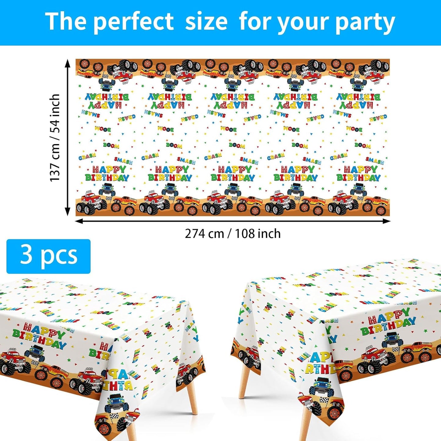 3Pcs Monster Theme Truck Birthday Tablecloth Monster Theme Jam Party Table Cover Plastic Rectangle Checkered Table Cloth Construction Truck Decorations for Kids Boys Birthday Party Supplies 54" x 108"