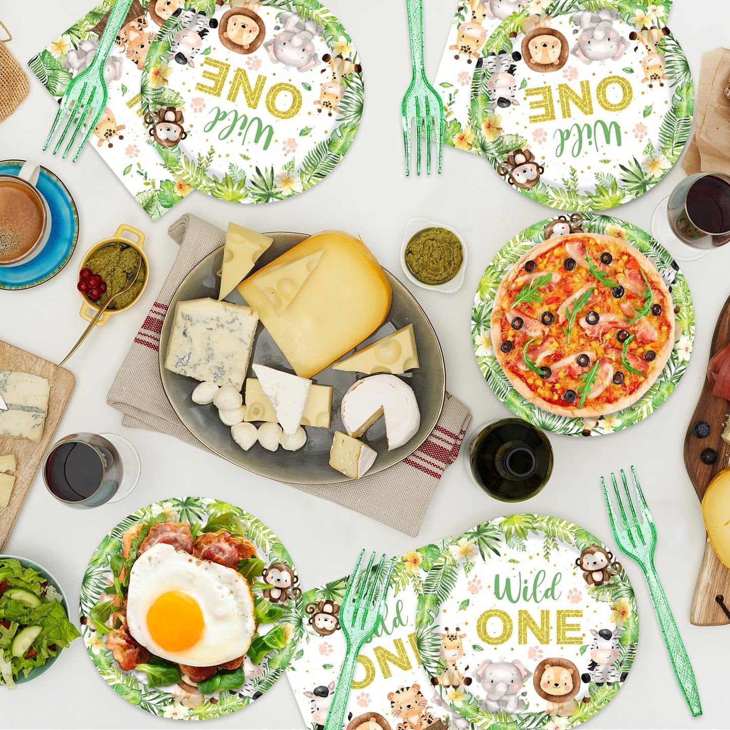 48Pcs Wild One Birthday Decorations Disposable Jungle Safari Plates and Napkins Forks Supplies Serves 16 1st Birthday Decorations Girl Boy