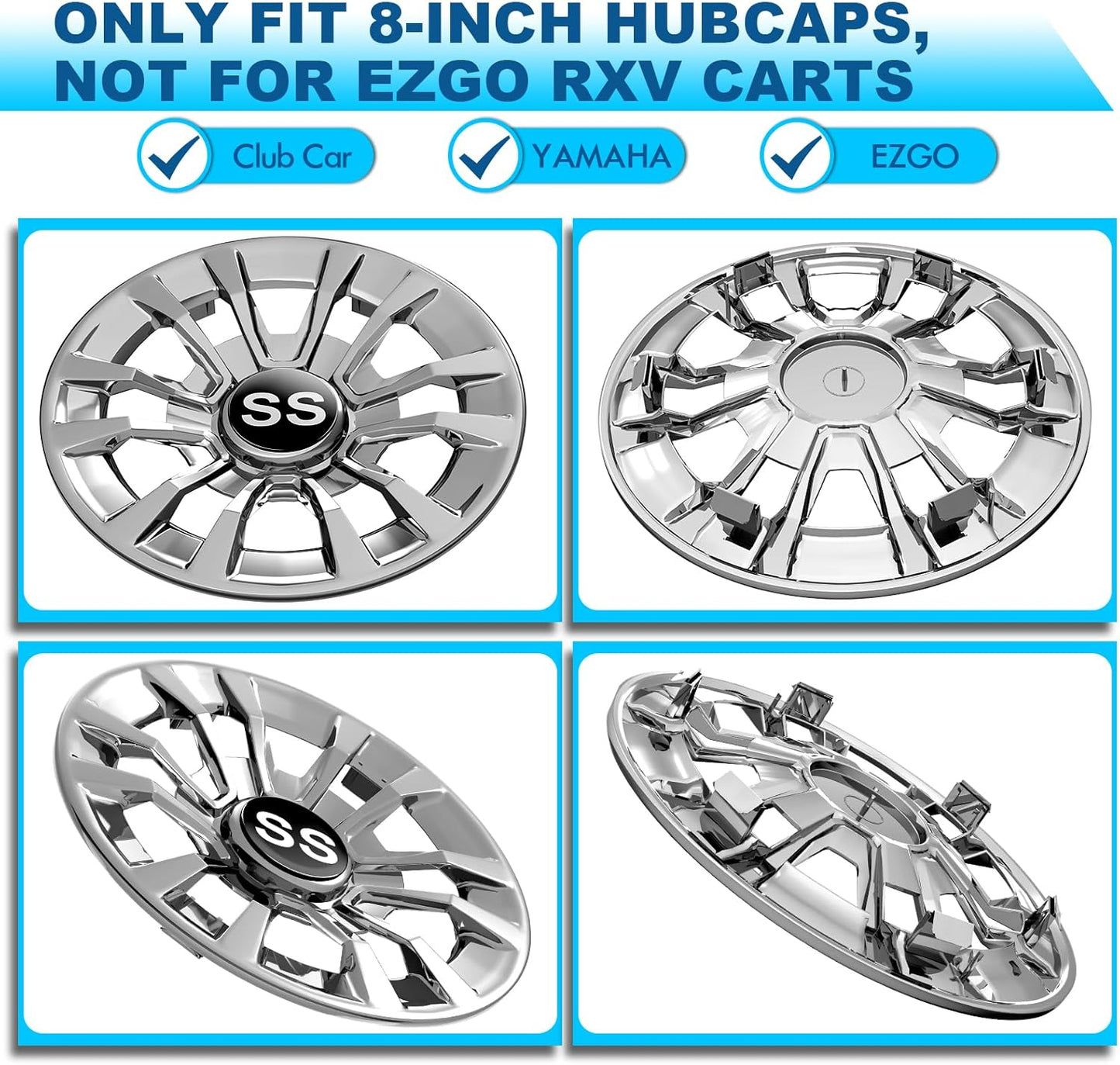 Golf Cart SS Wheel Covers Hub Caps, Golf Cart 8 Inch Snap-on Wheels for Club Car, EZGO, Yamaha, Set of 4