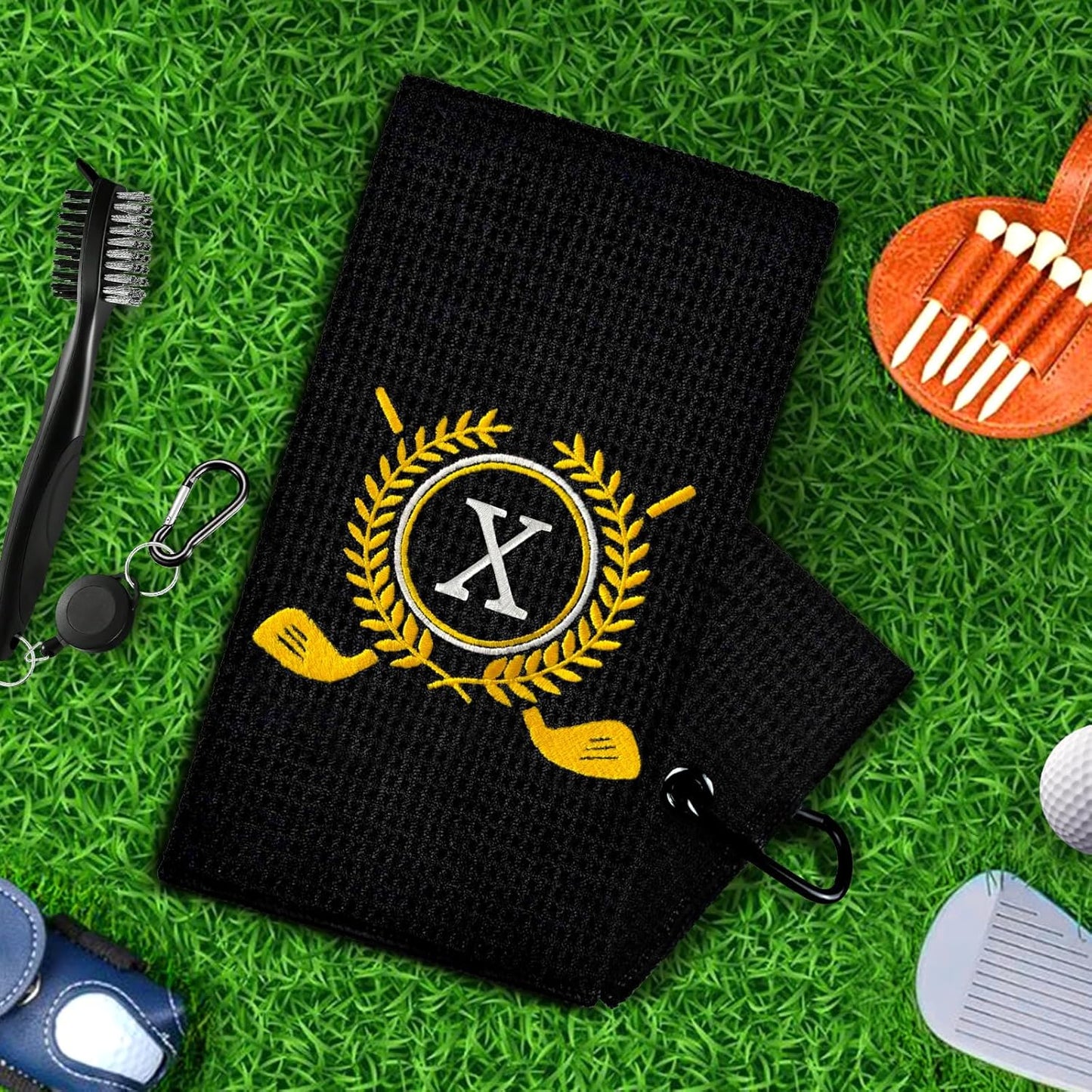 Personalized Golf Towels for Golf Bags - Microfiber Monogrammed Golf Towels for Men/Women, Retractable Brush Tool Kit with Club Groove Cleaner, Custom Golf Accessories for Golfers (Initial X)