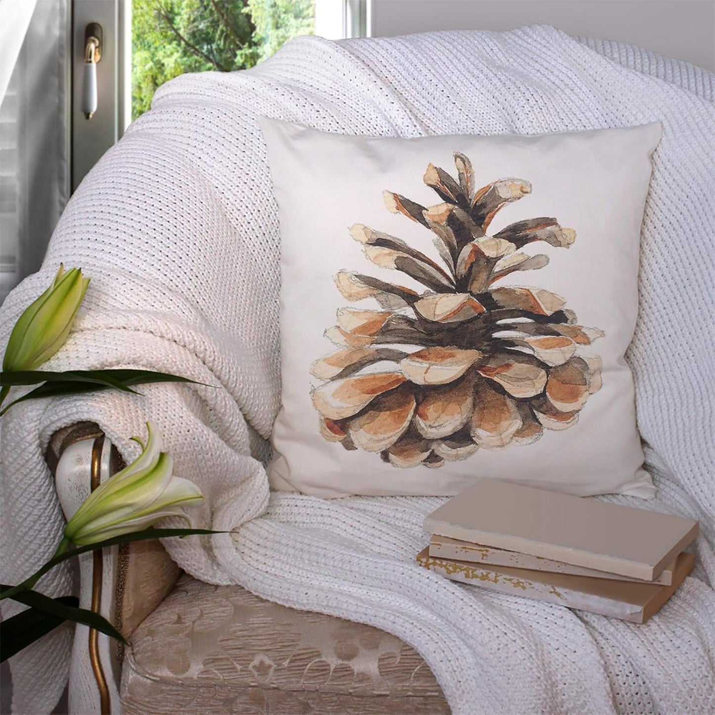 Throw Pillow Covers Brown Pine-Cone Watercolor Pine Cone for Botanical Painting Green Hand Cotton Linen Decorative Square Pillowcases Cushion Cover 18 X 18 Inch
