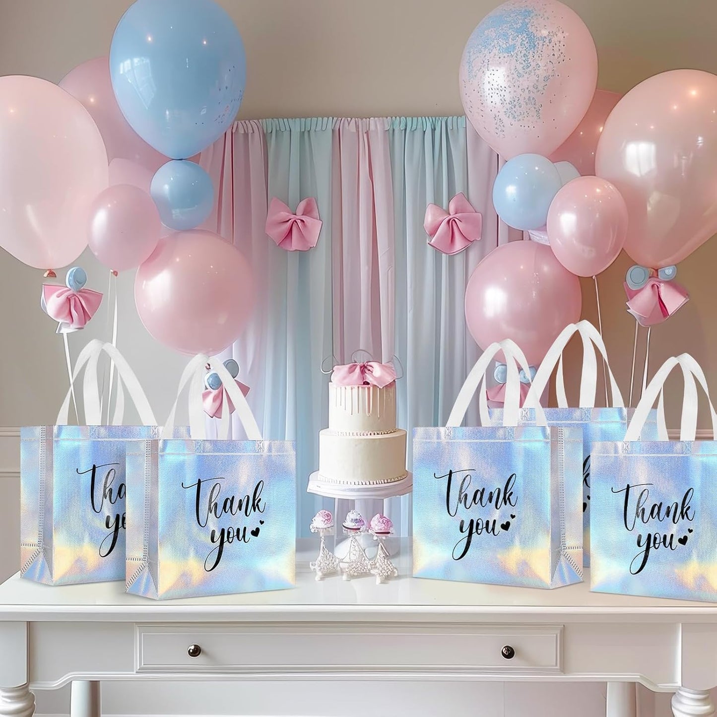 Sweetude 30 Pcs Thank You Gift Bags with Handles Bulk Reusable Goodie Bag Non Woven Foldable Handbag for Graduation Wedding Bridesmaid Gifts (11 x 12 x 5 Inch,Laser)