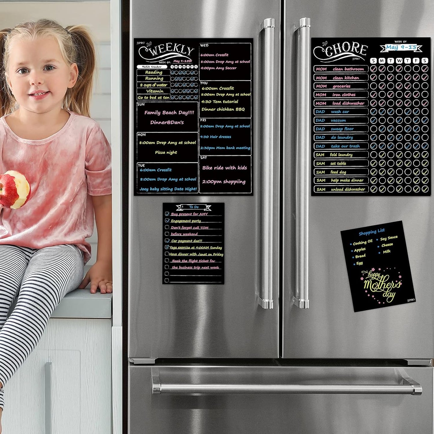 Magnetic Chalkboard Weekly Planner - Reward Chore Chart Blackboard Combo Set with Neon Bright Liquid Chalk Markers - Bonus Grocery List and Notepad Blackboard for Refrigerator Included
