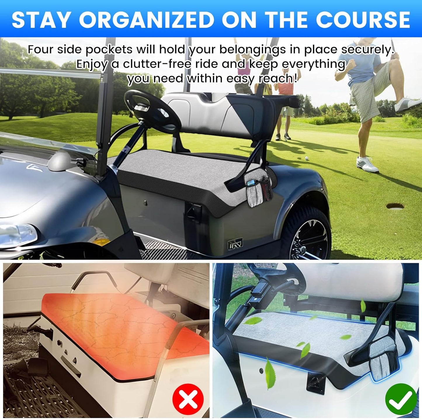 T TGBROS Golf Cart Seat Covers for 2 Person Seats EZGO, Yamaha & Club Car with Armrests Universal Golf Cart Seat Blanket Cushion Front & Rear All Weather Accessories - Black Leather & Gray Linen