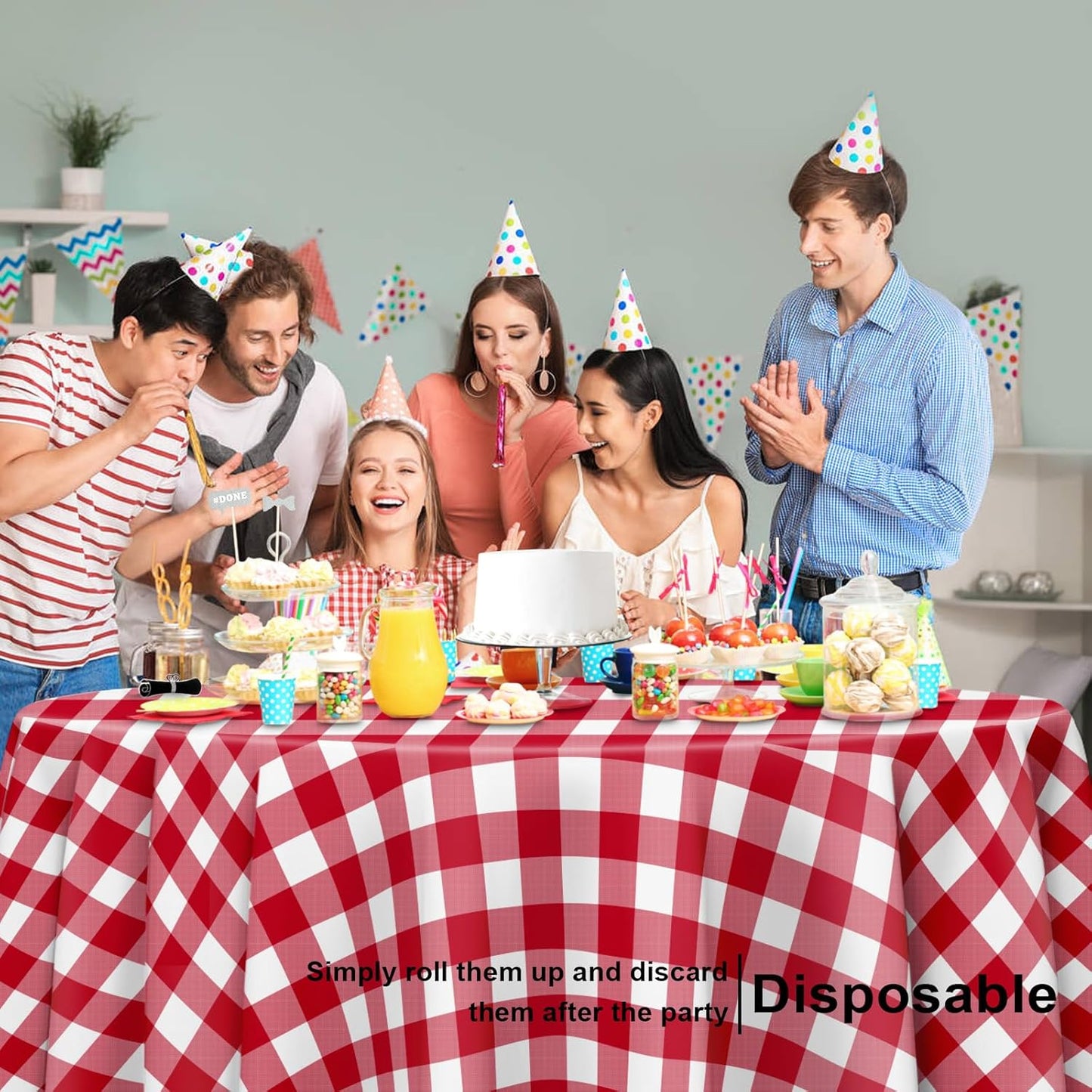 3 Pack Red and White Checkered Tablecloth, Round Red Gingham Plastic Table Cloths for Parties Disposable, 84x84 in Waterproof Camping Tablecloth for Birthday Party Baby Shower Picnic School