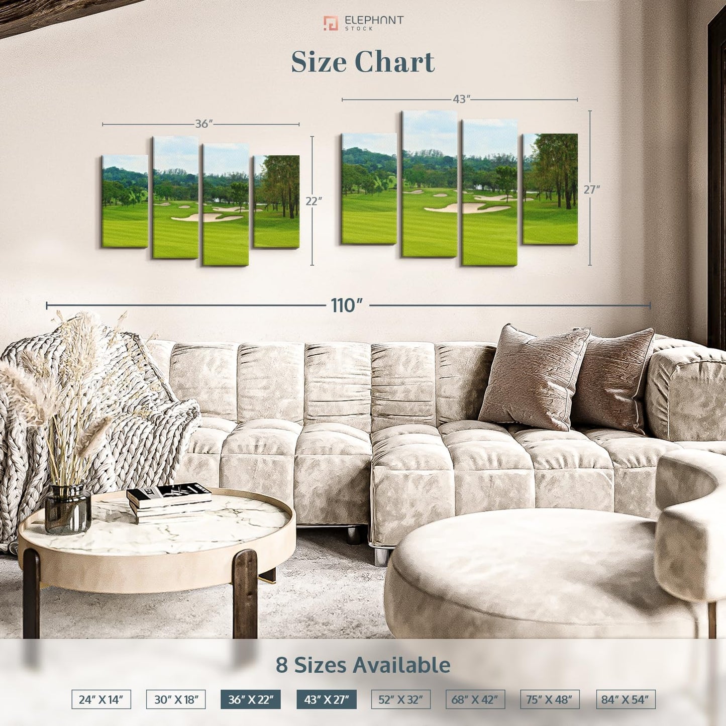 Elephant Stock Beautiful Golf Course Wall Art - Horizontal Canvas - 4-Piece Living Room Wall Decor - Tree Photography Canvas Print - Green and Blue Decor for Wall - 43" X 27"