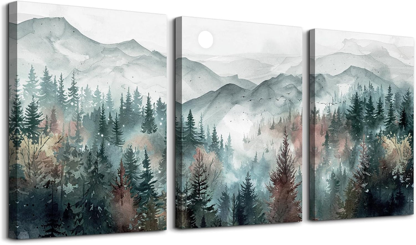 TTHYUEWS Wall Art For Living Room Farmhouse Decor For Bedroom Office Fog Forest Mountain Landscape Watercolour Paintings Artwork Ready To Hang Home Decorations 3 Piece