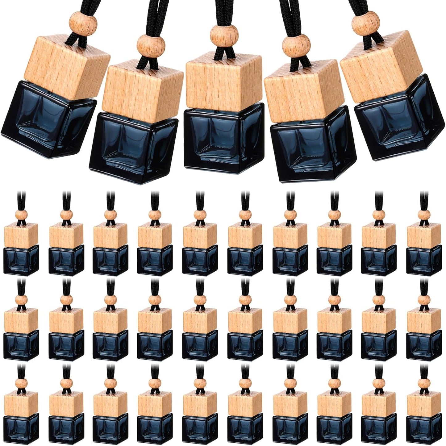 BBTO 50 Pcs Hanging Car Air Freshener Car Diffuser Bottles Empty Glass Perfume Bottle Freshener Diffuser Bottle Pendant for Essential Oil Fragrance Aromatherapy Bottle Ornament (Black,Cube)