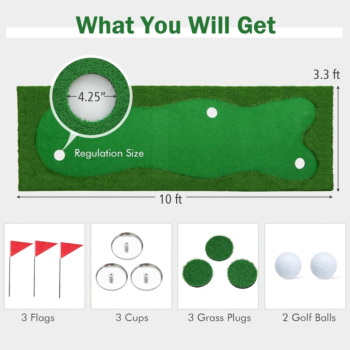 Tangkula 10 FT Golf Putting Green, Large Professional Golf Training Mat with Realistic Artificial Grass Turf, 3 Holes, 3 Flags and Cups for Indoor Outdoor Putting Practice