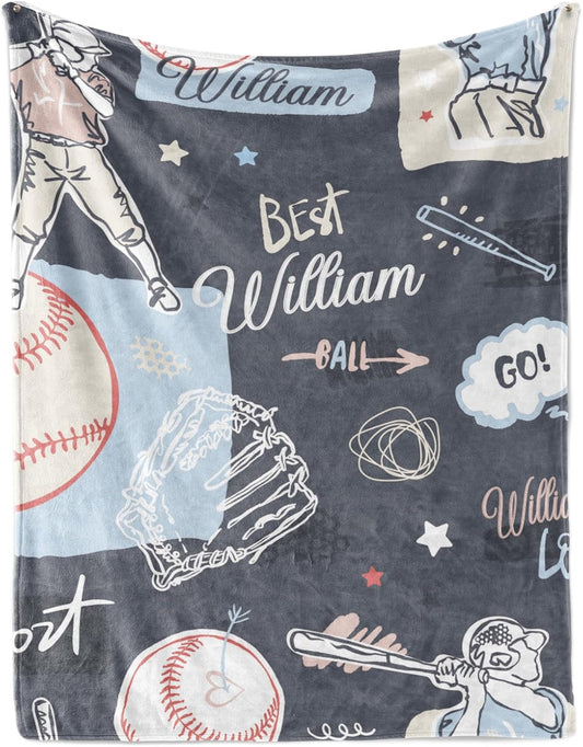 Custom Name Baseball Blanket - Personalized Names Soft Plush Flannel Throw Blankets for Baby Kids Teen Boys Girls Holidays Birthdays Gifts Color01