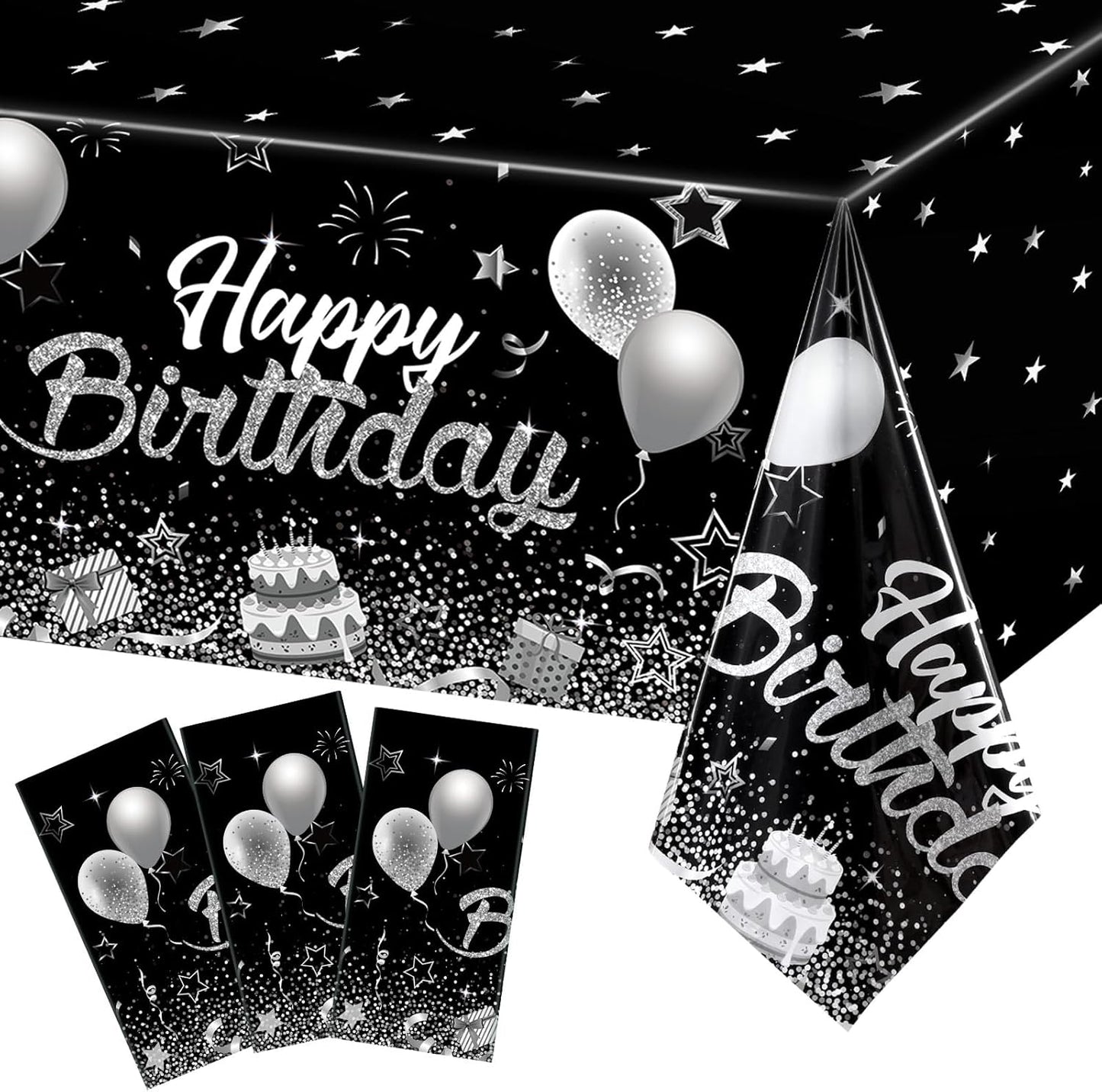 Breling 3 Pack Birthday Party Supplies Confetti Sprinkles Happy Birthday Tablecloths Starry Table Covers for Kids Adults Party Decorations, 54 x 108 Inches (Black and Silver)