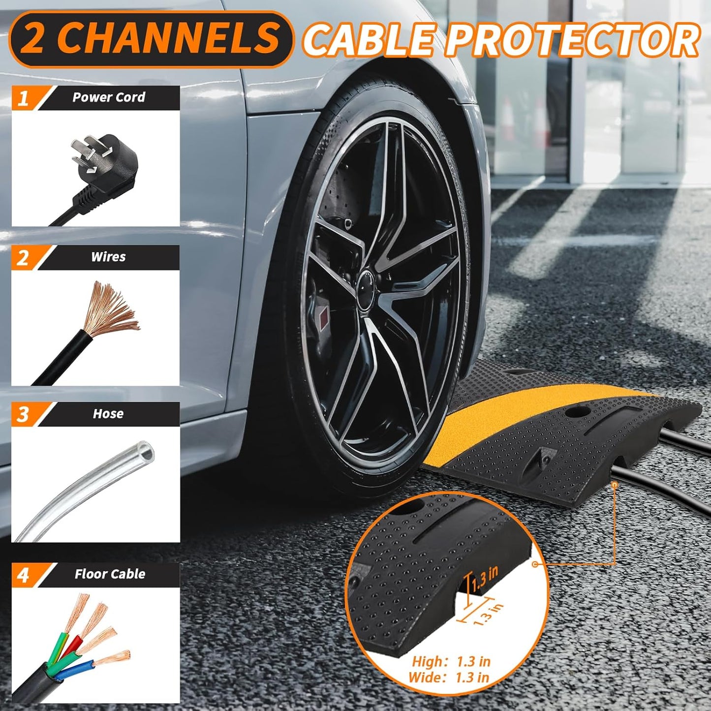 3.3 Ft Rubber Speed Bumps 2 Pack, Heavy Duty Speed Bumps for Driveway Rubber Gravel Road Asphalt Parking, Modular Driveway Speed Bumps Cable Protector Ramp with 6 Bolts Spikes