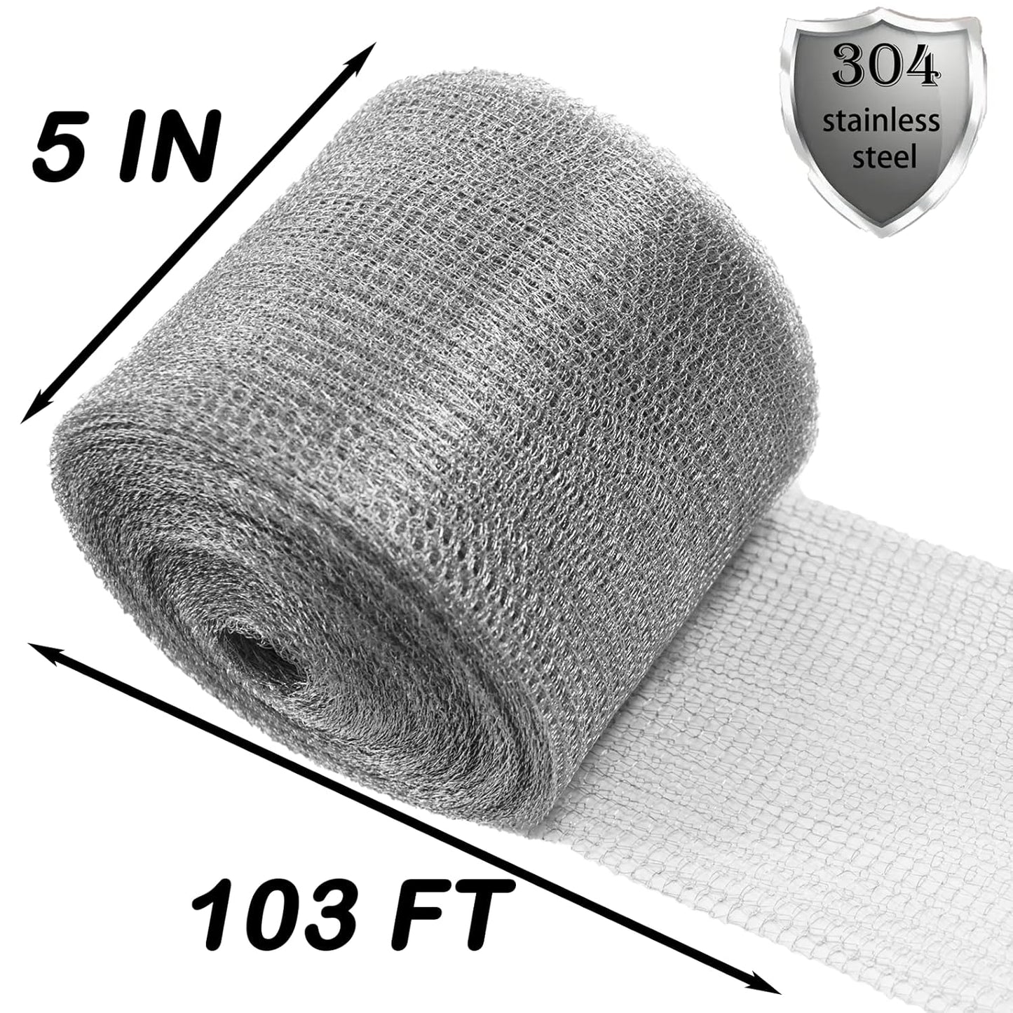 Wire Mesh Hole Fill Fabric 5 in X 103Ft, Weep Holes Filler and Covers, Upgraded Stainless Steel Wire Mesh Rool, Flexible Stretchy for Garden House and DIY, Mice Control Rodent Barrier Steel Wool