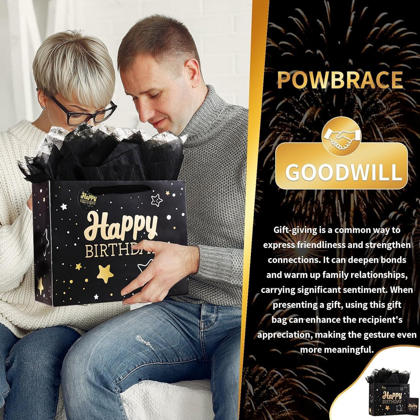 16" Black Happy Birthday Gift Bag with Tissue Paper and Greeting Card for Party,Happy Birthday Gift Bag for Men Women,Gift Bags Extra Large(1 PCS Black Hot Stamping)
