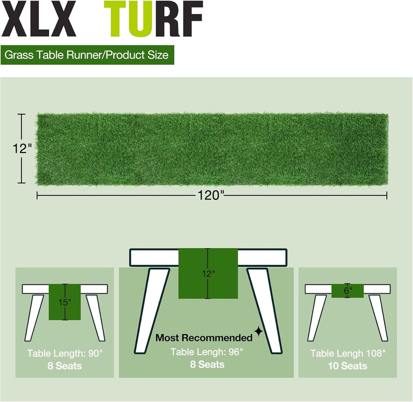 XLX TURF Green Faux Grass Table Runner, Artificial Turf Table Centerpiece Decor Golf Theme Party, Birthday, Wedding, Baby Shower, Dining, 12"x120"/10 FT