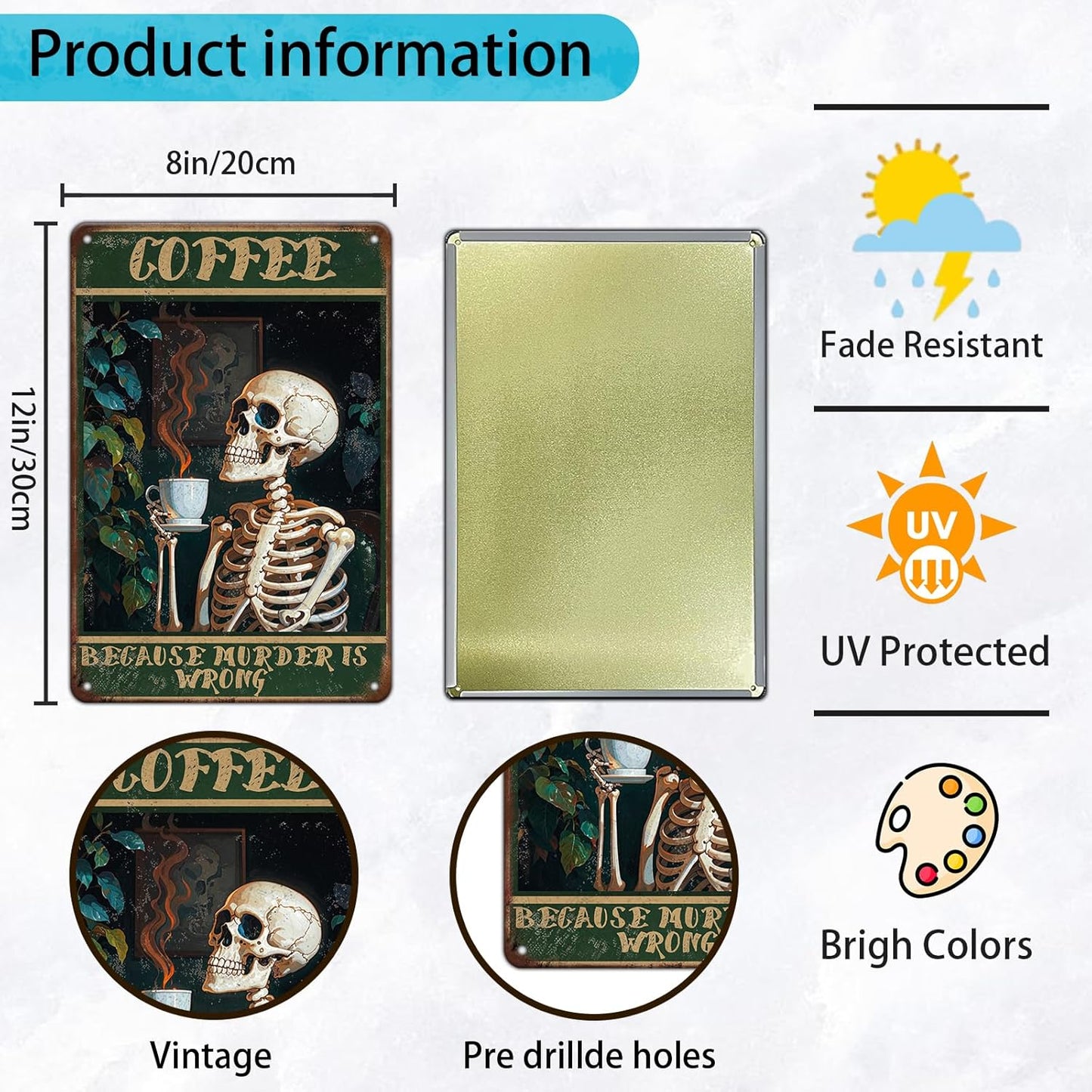 Vintage Coffee Skull Tin Sign Skeleton Old Fashioned Because Murder Is Wrong Metal Tin Sign Poster 12x8 Inch Home Restaurant Coffee Shop Wall Decor