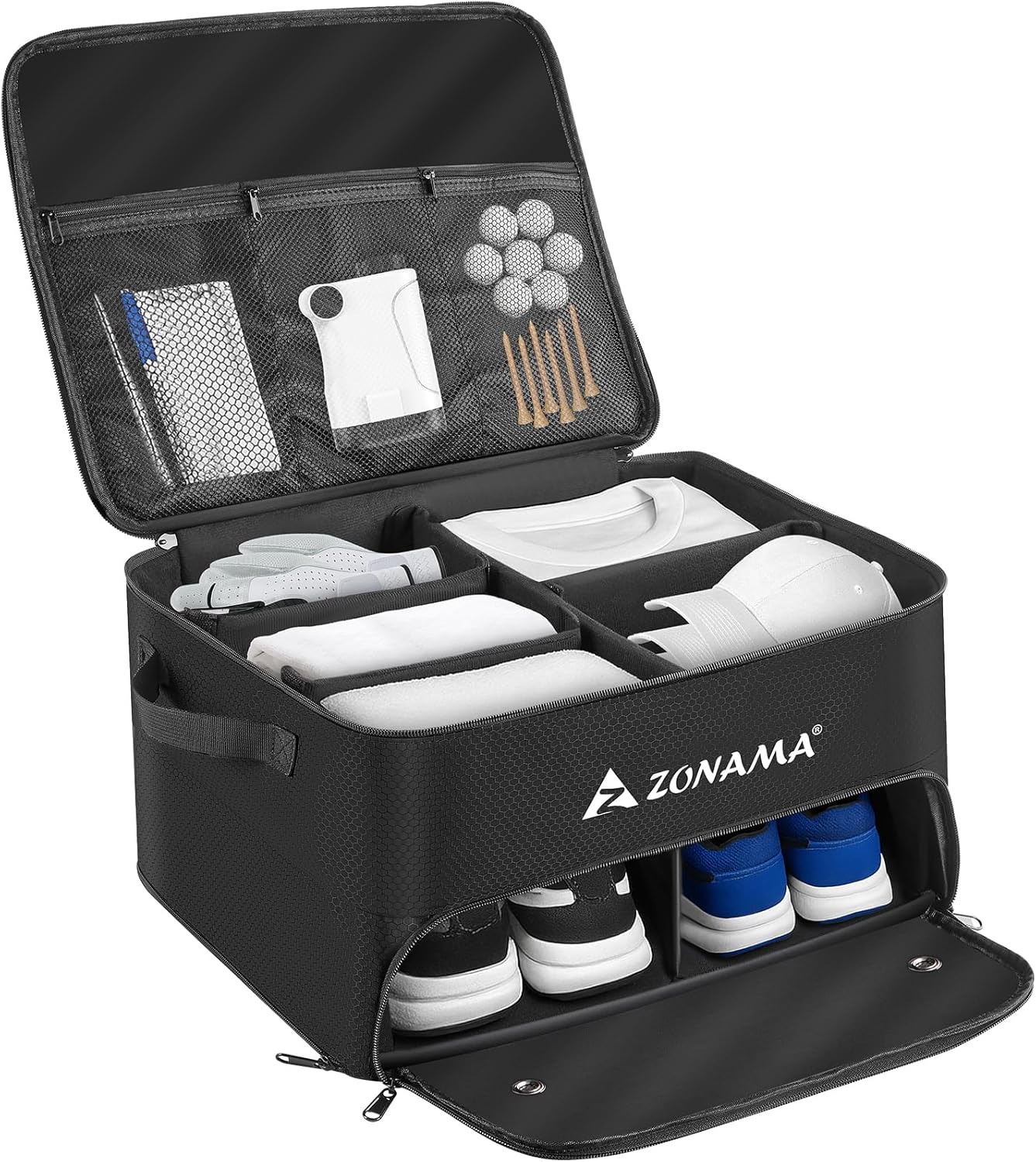Golf Trunk Organizer, 3 Layers Large Space Car Trunk Locker, with Separate Compartment, Waterproof Golf Accessories Bag for 2 Pairs of Golf Shoes, Balls, Clothes, Golf Gift for Men Women