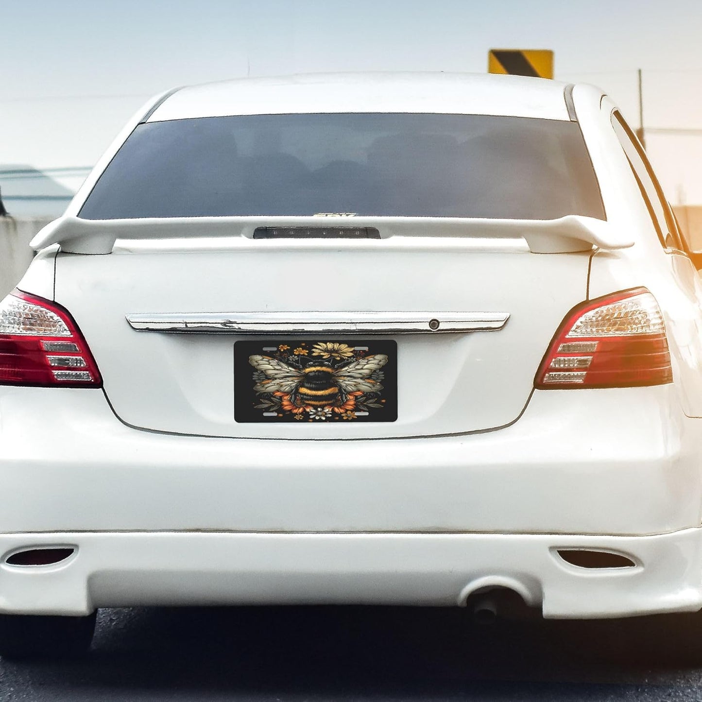 Front License Plate for Car Designs Insect Bee Flower Stainless License Plate Cover Holder for Men Women Metal Aluminum Decorative Accessory Vanity Tag Standard 6 X 12 inch (4 Holes)