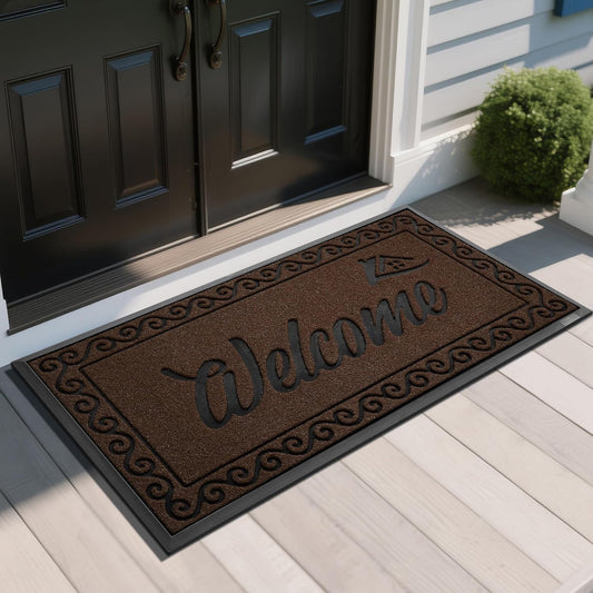 Yimobra Welcome Mat, Heavy Duty Sturdy Door Mats for Home Entrance Outdoor Indoor, Front Doormat for Outside Patio Floor Entry Porch Garage Office, Waterproof, Low Profile, 47 x 24, Coffee
