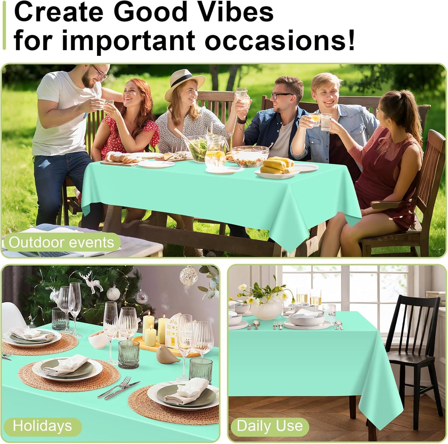 QIKSION Plastic Table Cloth Disposable 3 Pack, 54 x 108 Inch Tablecloths for Rectangle Tables, Fresh Mint Plastic Table Cover