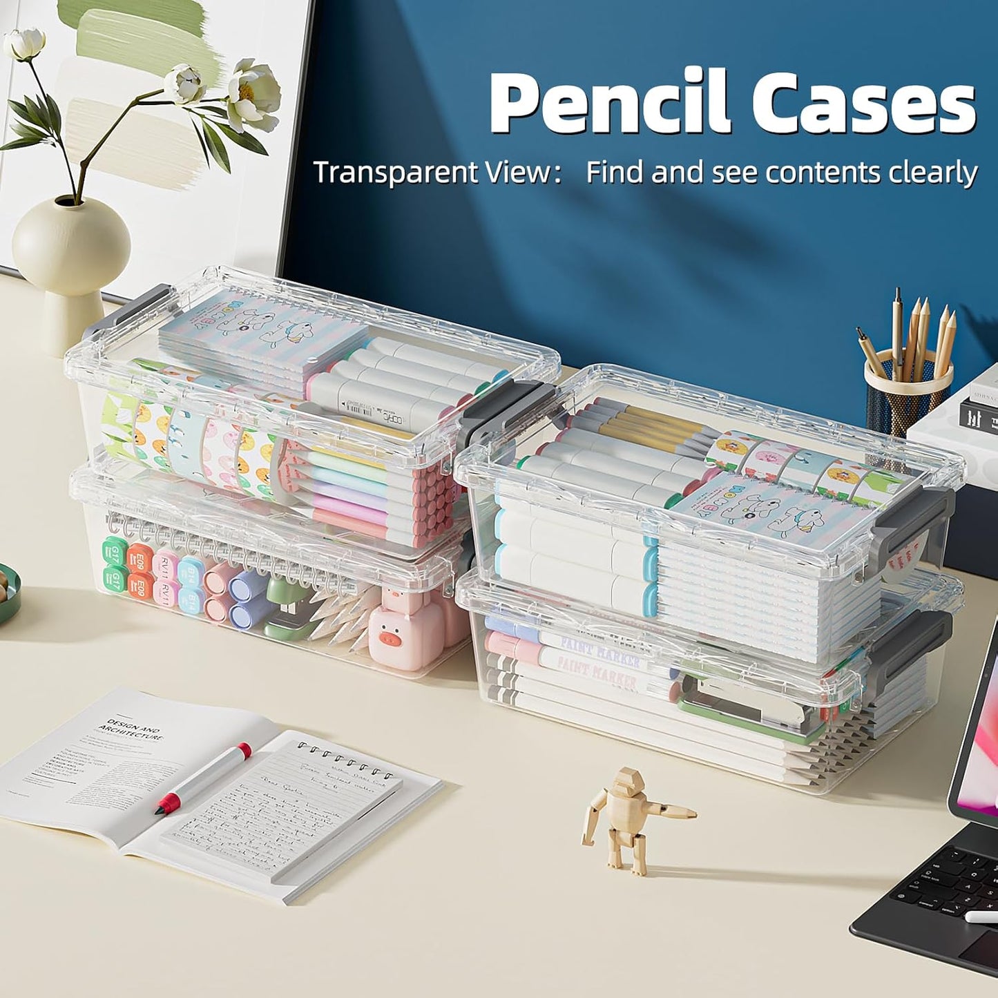 4 Pack Extra Large Pencil Box, Plastic Pencil Case Organizer, Clear Crayon Box Marker Organizer, Stackable Craft Organizers and Storage for Pen, Craft, Art Supply(Black)