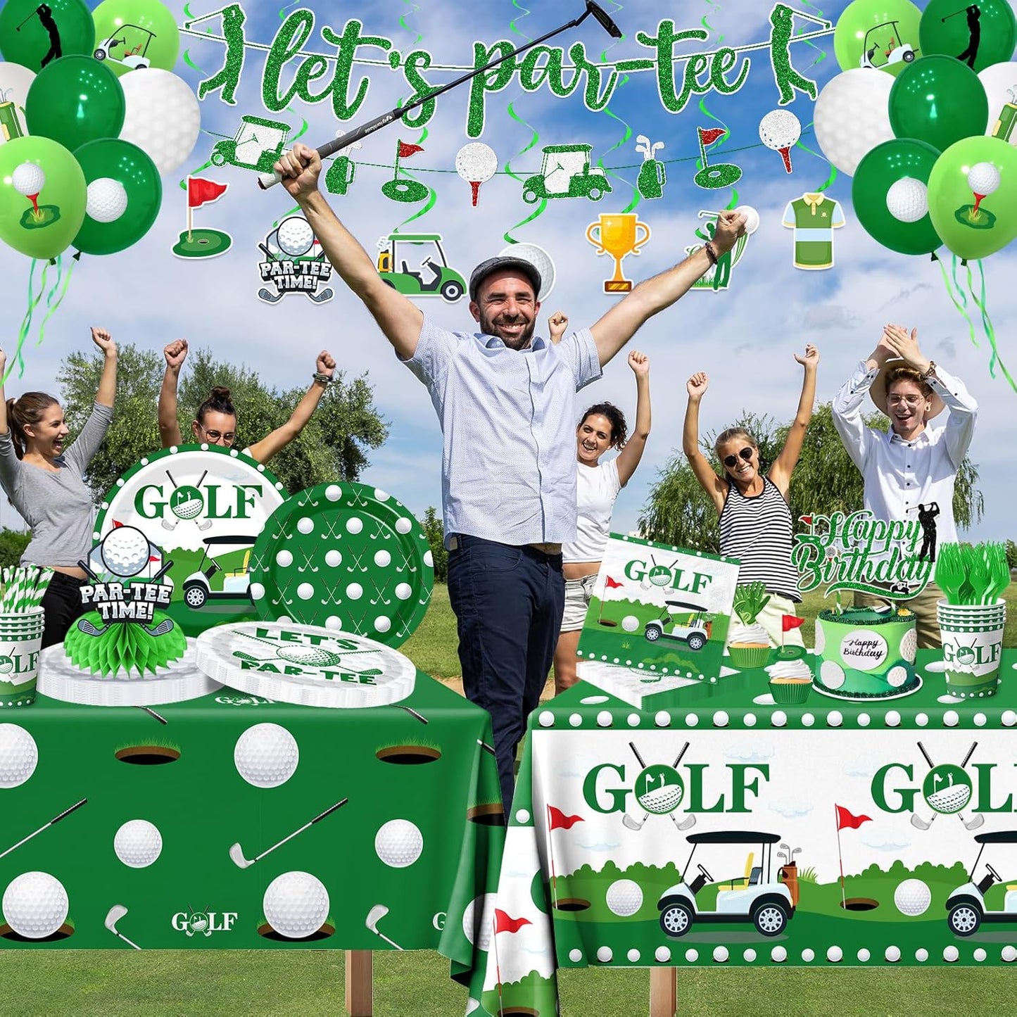 Golf Party Decorations, All-in-1 Golf Birthday Decorations with Balloons Let's Par-Tee Plates Napkins Cake Toppers Honeycombs Tablecloths and Banner for Sports Themed Birthday Baby Shower, Serve 24