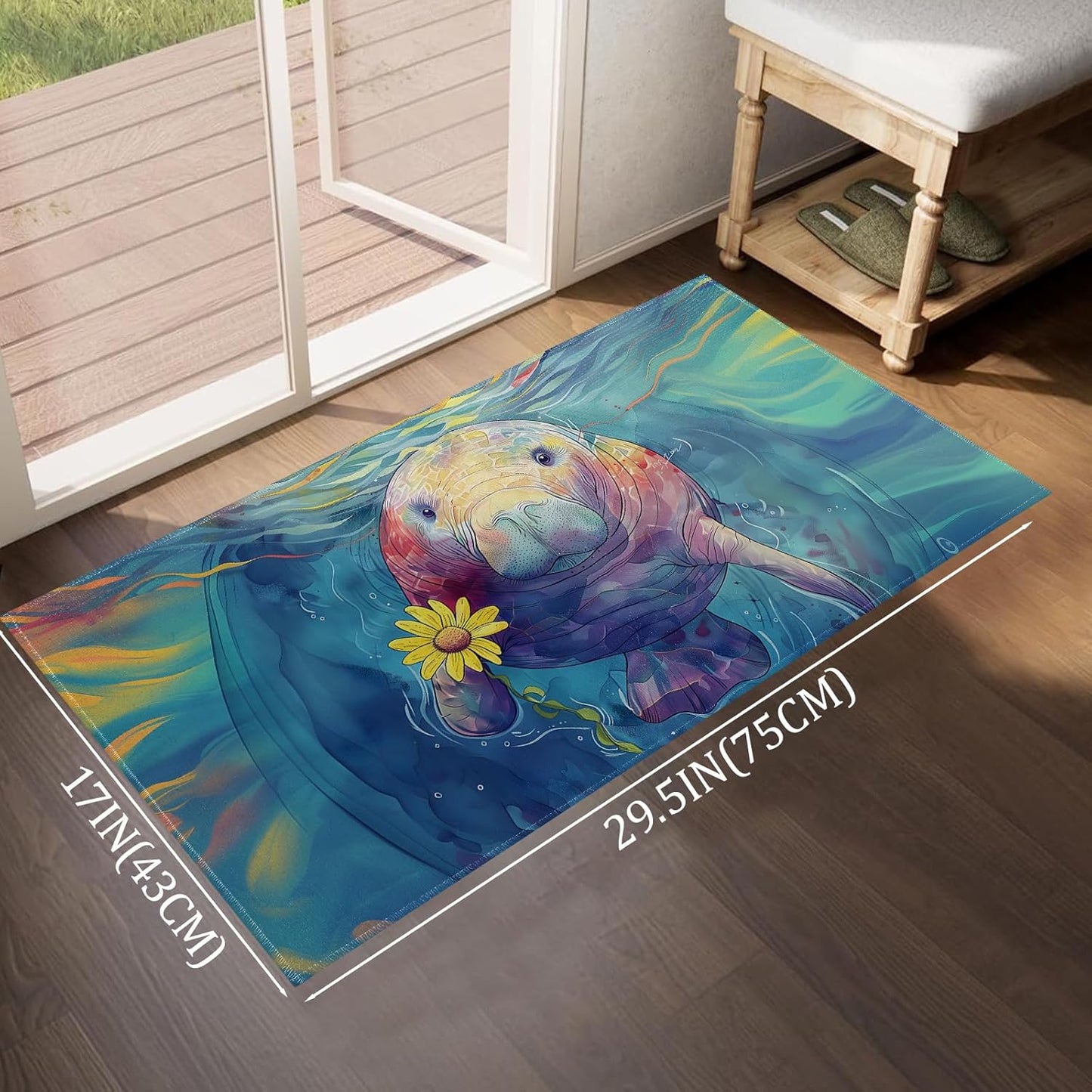 Colorful Manatee with Flower Indoor Door Mat,Whimsical Marine Floor Doormat,17x29.5in,Non Woven Non Slip Rubber Backing Ocean Rug for Porch Insider,Kitchen,Doormats Gifts,Rv Camper Decor
