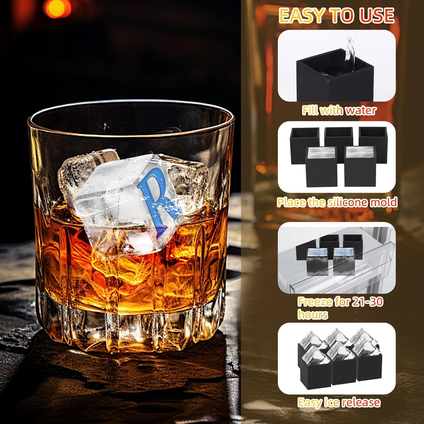 6 Pcs 2" Letter Silicone Personalized Ice Cube Mold,Personalized Ice Mold with 2mm Depth,Create Unique Whiskey Ice Cubes in Style with our Customizable Ice Mold (Letter S)