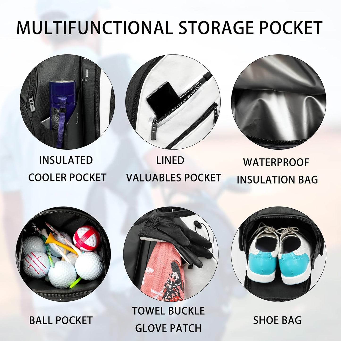 PU Leather Lightweight Men Women Blue White Black Green Golf Bag,Multiple 10 Pockets 14-Way Dividers Cooler Pouch Golf Cart Bag