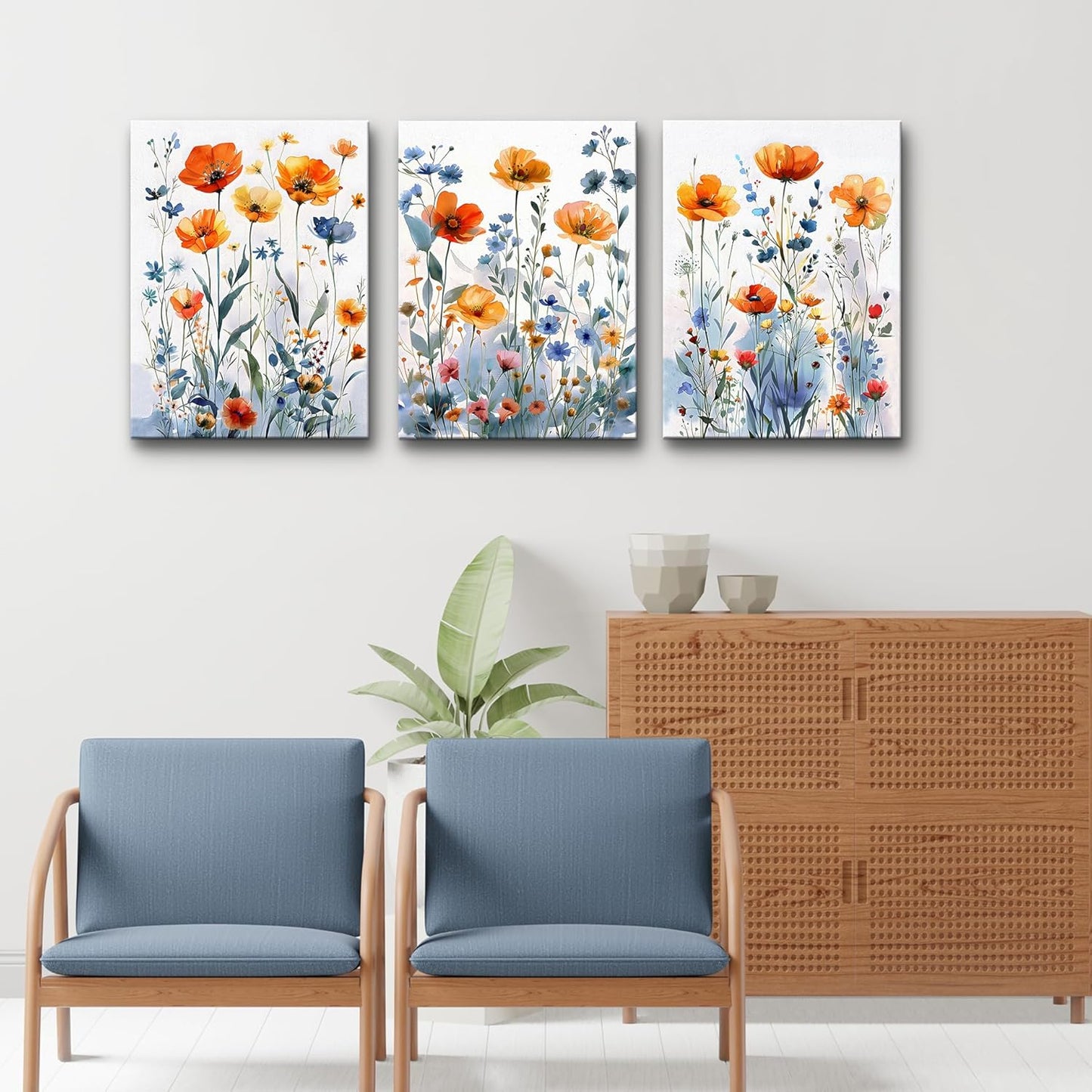 TTHYUEWS Boho Wall Art for Living Room & Bedroom - Modern Wall Decorations - 3 Piece Set - Flowers Watercolour Paintings & Posters - Home Decor