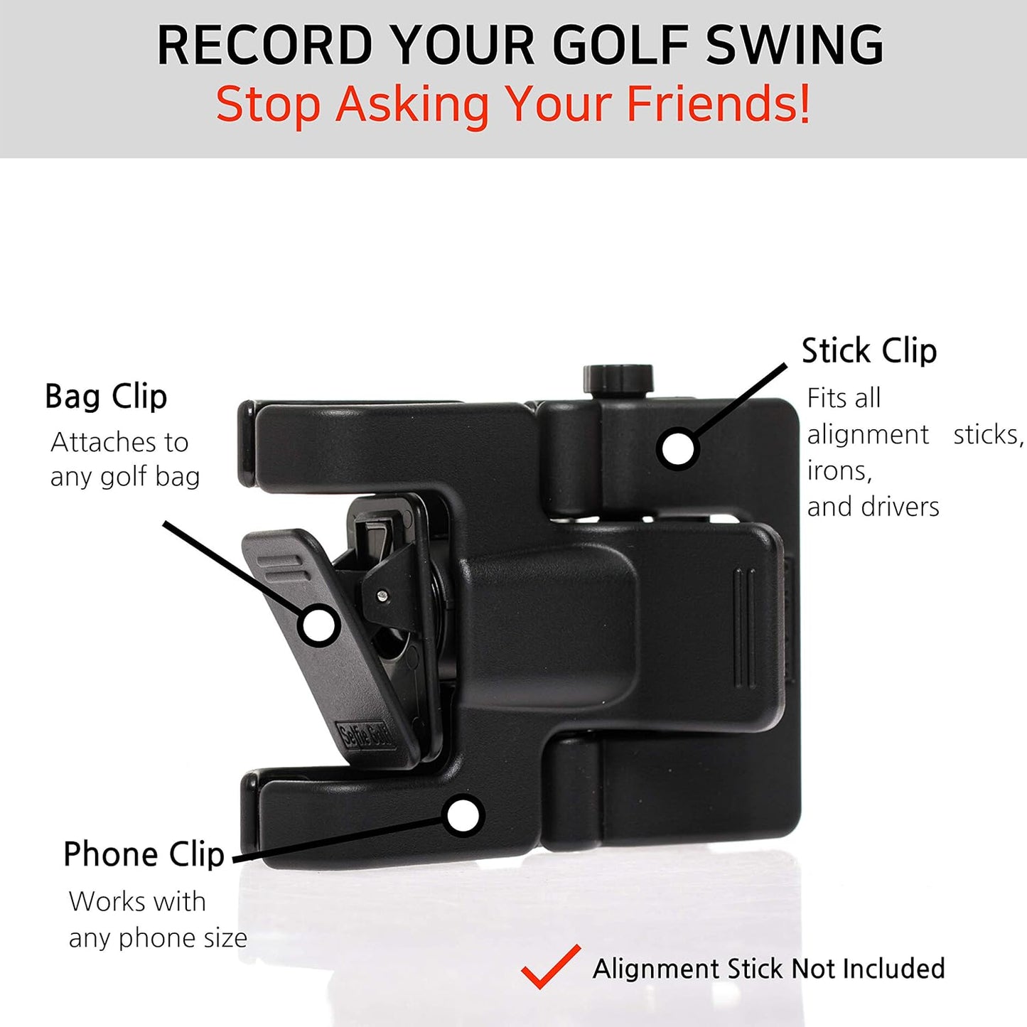 SelfieGOLF Record Golf Swing - Cell Phone Holder Golf Analyzer Accessories | Winner of The PGA Best Product | Selfie Putting Training Aids Works with Any Golf Bag and Alignment Stick