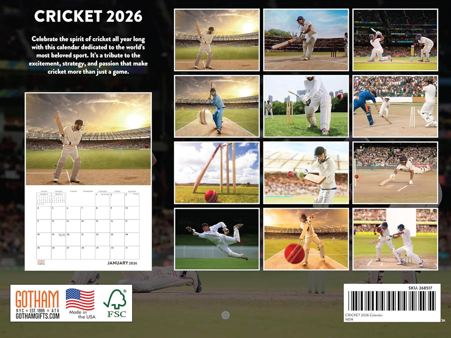 Cricket Calendar 2026 Monthly Wall Calender 12 Month | American Made In The USA