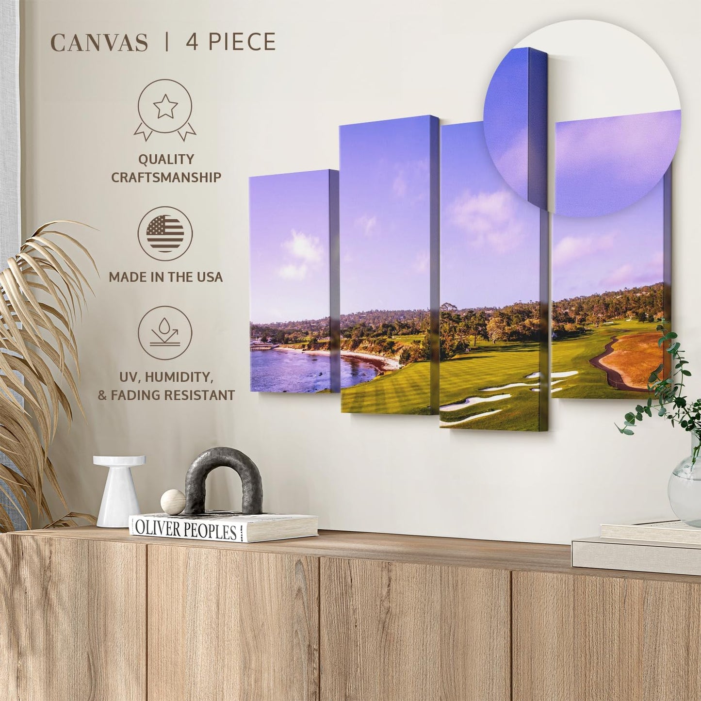 Elephant Stock Coastline Green Golf Course Wall Art - Horizontal Canvas - 4-Piece Living Room Wall Decor - Photography Sports Canvas Print - Blue and Gray Decor for Wall - 30" X 18"